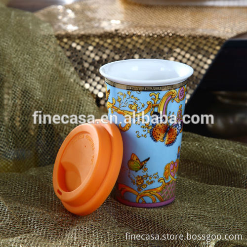 12OZ Luxury New Bone China Butterfly Design Double Walled Ceramic Travel Mug